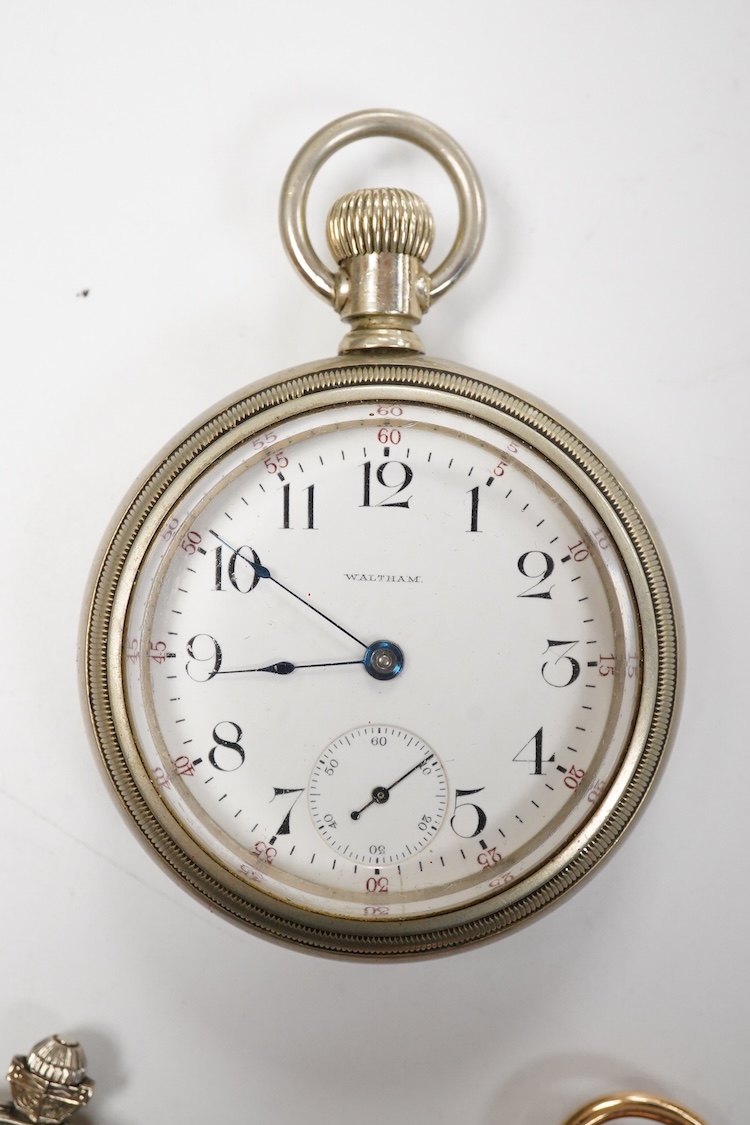 Two Waltham base metal keyless pocket watches including a dress pocket watch with Arabic dial and subsidiary seconds, together with a gold plated open faced keyless pocket watch and a base and gun metal 'Regulateur' open
